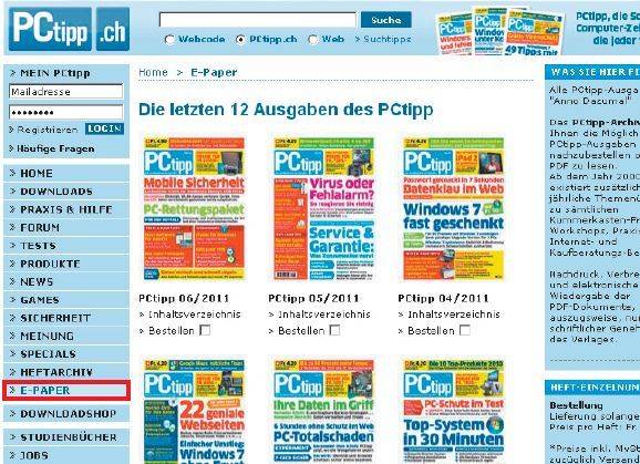 Screen 2: Das neue PCtipp-E-Paper finden Sie ganz links auf PCtipp.ch in der Rubrik E-Paper