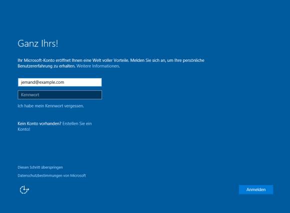 Wenn Sie noch kein Microsoft-Konto haben, können Sie am Schluss der Installation eines lösen
