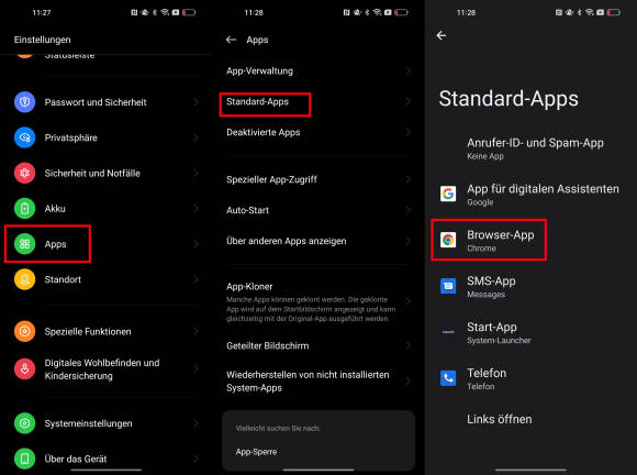 Nebeneinander drei Screenshots, die unter Android den Standardbrowserwechsel zeigen