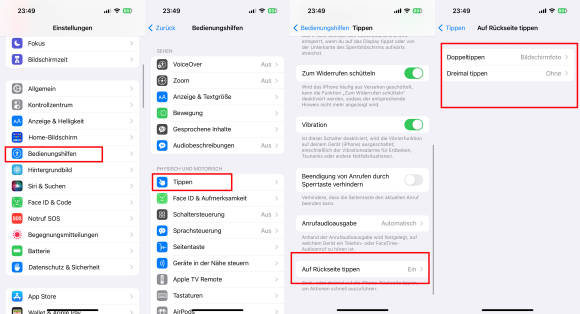 Screenshots zeigen den Weg zu den Einstellungen betreffend "Auf Rückseite tippen" 