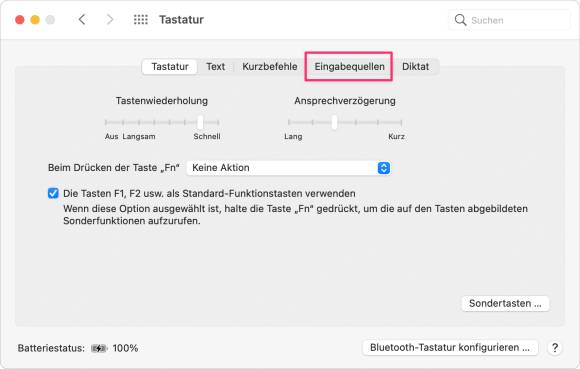 Hier geht es zu den Eingabequellen Der Screenshot zeigt, wie die Eingabequellen, also zum Beispiel alternative Tastaturen aufgerufen werden