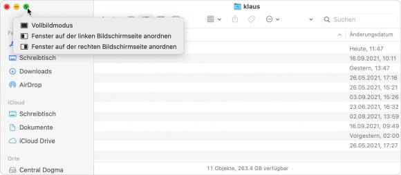 Hinter dem grünen Knopf verbirgt sich die Möglichkeit, zwei Fenster nebeneinander anzuordnen oder in den Vollbild-Modus zu wechseln Der Screenshot zeigt, in welchem Menü die Anordnung der Fenster geändert werden kann