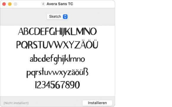 Eine Font-Datei zeigt nach einem Doppelklick zuerst ein Schriftmuster, bevor sie installiert wird Der Screenshot zeigt alle Zeichen einer Schriftdatei