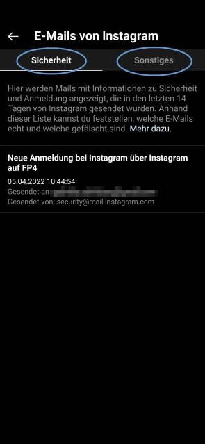 Screenshot Instagram-App mit E-Mails von Instagram