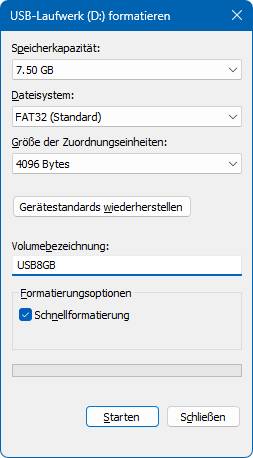 Dialogfenster zum Formatieren eines Laufwerks