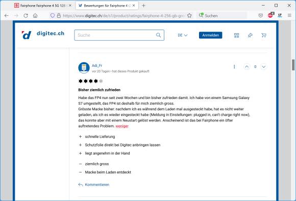 Beispiel einer Kundenbewertung bei Digitec