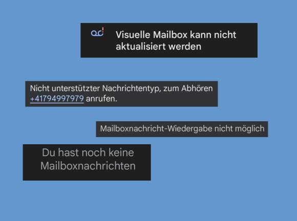 Beispiele von Fehlermeldungen beim Versuch, eine Visual Voicemail abzuspielen 