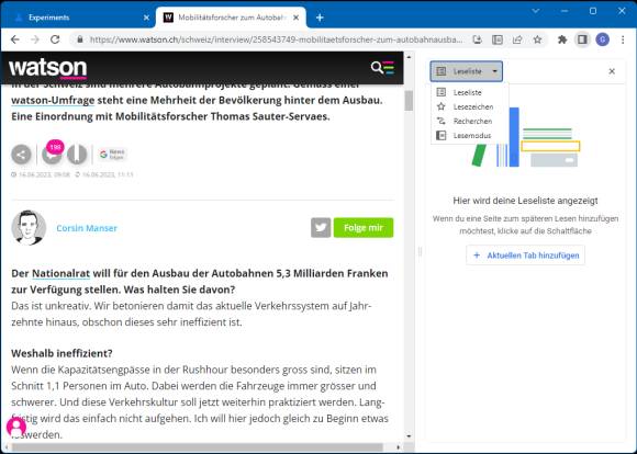 Mit dem Chrome-Flags-«Hack» erscheint hier auch der Lesemodus Die Chrome Seitenleiste, jetzt mit dem Menüpunkt Lesemodus