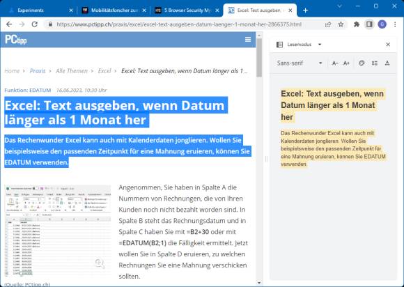 Im neuen Seitenleisten-Lesemodus erscheint bei vielen Sites der Text nur, wenn Sie ihn im Hauptfenster markieren PCtipp-Artikel in Chrome mit dem nur so halb funktionierenden Lesemodus