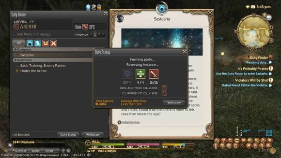 Dies ist der Duty Finder im MMO «Final Fantasy 14», der die Spieler, die den Dungeon bestreiten wollen, automatisch zu passend zusammengesetzten Gruppen zusammenführt. Der Tank lässt noch etwas auf sich warten, aber ein Healer und zwei DPS stehen schon bereit. Der Duty-Finder zeigt: ein Healer und zwei DPS sind für diesen Dungeon schon gefunden