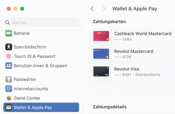 Bild 5: Die Kreditkarten werden vorzugsweise in der Einstellung Wallet & Apple Pay erfasst