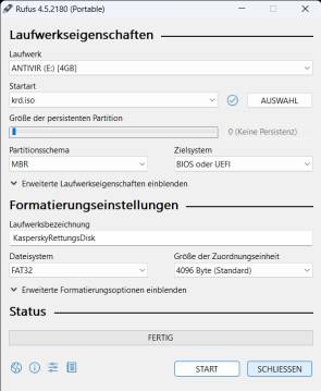 Bild 10: Mit dem Tool Rufus spielen Sie eine ISO-Datei auf den USB-Stick und machen ihn bootfähig