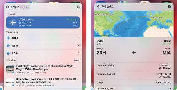 Bild 8: Spotlight kann viel mehr, als nur Dateien und Apps zu finden; so zeigt die Eingabe der Flugnummer, gefolgt von der Return-Taste, wie es um die Reise steht