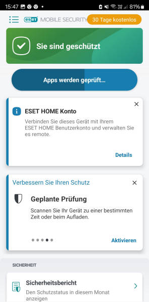 Bild 1: Der Hauptschirm der App «Eset Mobile Security»