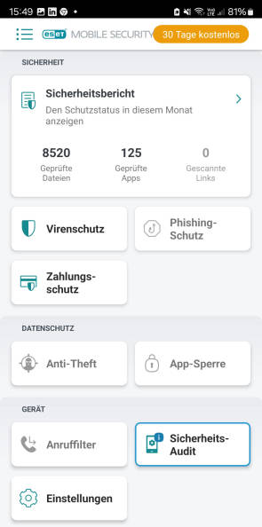 Bild 2: Die einzelnen Schutzmodule der Eset-App