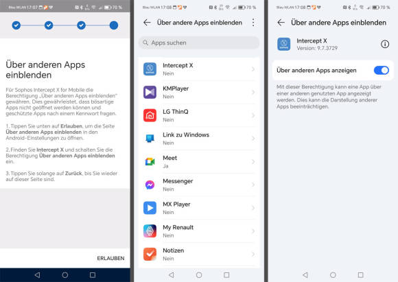 Bild 4: Über andere Apps einblenden bedeutet mehr Schutz gegen verseuchte Apps und sichert gesperrte Apps ab