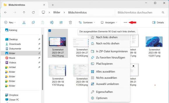 Bild 2: Windows 11 verbirgt die Option zum Bilderdrehen hinter den drei Punkten