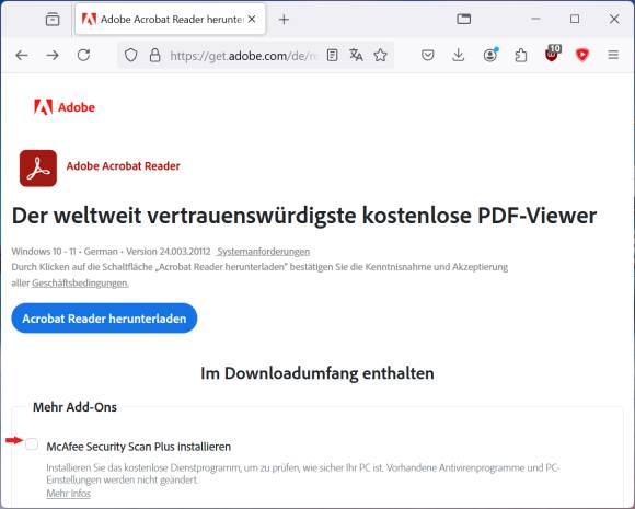 Bild 1: Laden Sie den Acrobat Reader herunter, verzichten Sie aber auf den unnötigen McAfee-Zusatz