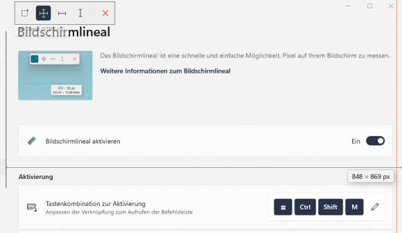 Bild 9: Das Bildschirmlineal vermisst Elemente auf dem Bildschirm und spuckt anschliessend die entsprechenden Pixelwerte aus
